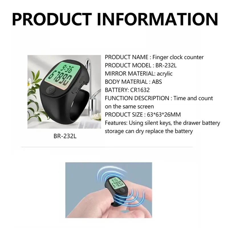【GIFT】LCD Digital Counter Smart Electronic Muslims Tasbeeh Finger Counter For Prayer Time Reminder Waterproof 3