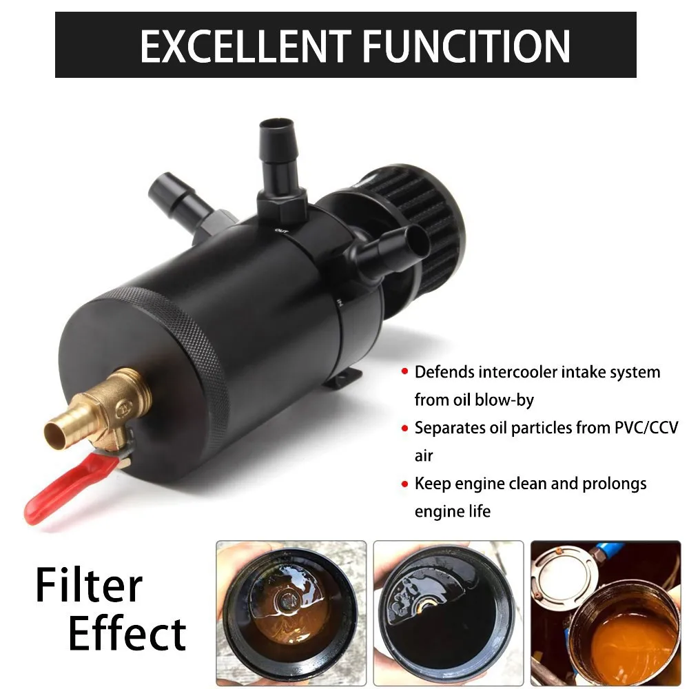 Universal Air Oil Separator Car 3-Port Oil Catch Can 1 Outlet+2 Inlet Breathing Filter Drain Valve Filter