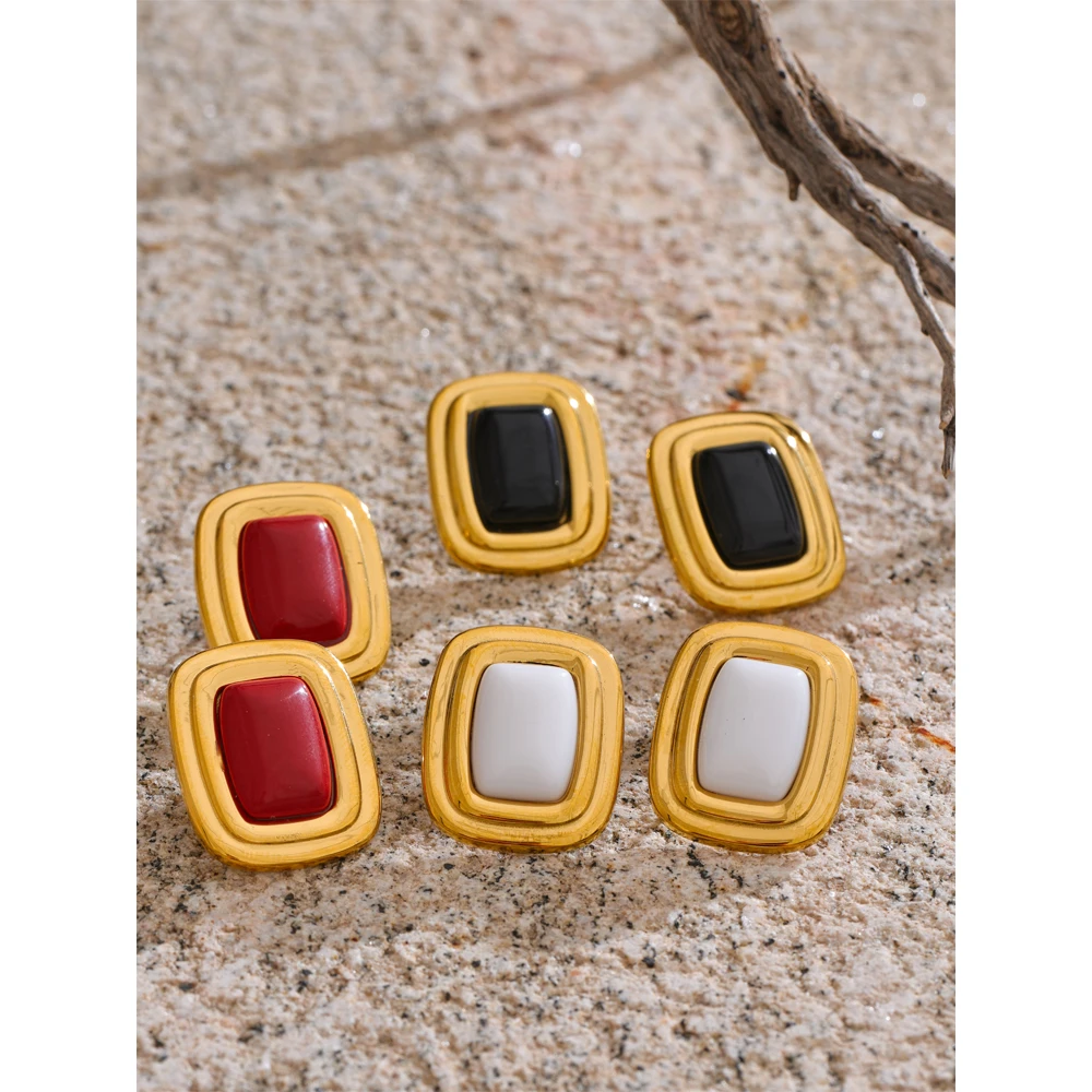 Yhpup Natural Stone Red White Black Rectangle Fashion Stud Earrings for Women