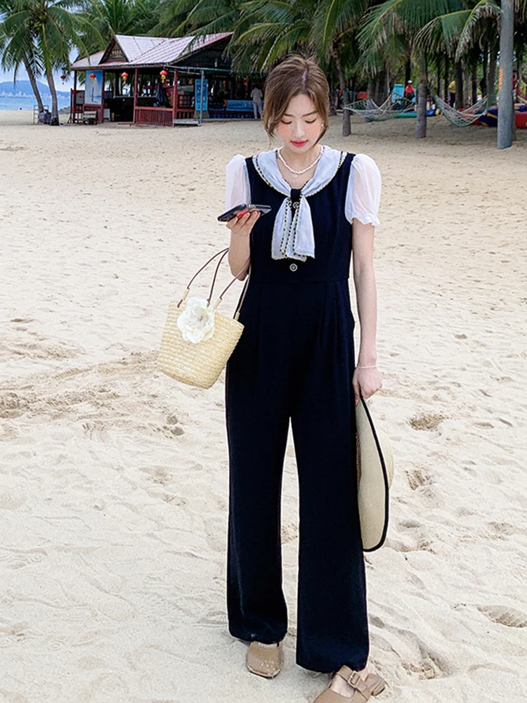 

Fashion Splice Puff Sleeve Vintage Elegant Black Jumpsuit Women 2022 Summer Slim Korean One Piece Pants Set Overalls Romper 1603