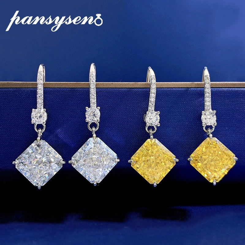 

PANSYSEN 925 Sterling Silver 10MM Radiant Cut Citrine High Carbon Diamond Dangle Drop Earrings for Women Wedding Party Jewelry