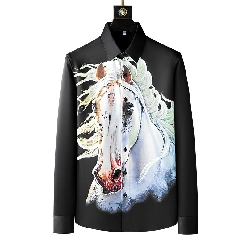 

Autumn Luxury Men Long Sleeve Shirts For Man Turn Down Fashion Casual Black Print Tops