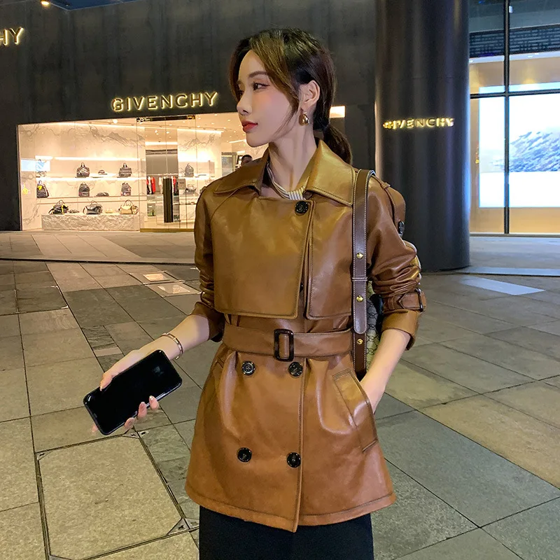 

Genuine Leather Jacket For Women's New Spring Leisure Brand Mother Sheep Leather Trench Coat With Double Breasted Buttons