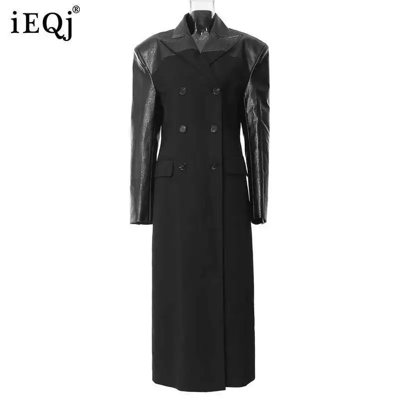 IEQJ High Street Patchwork Women's Leather Coat With Collar Long Sleeve Splicing Double Chest Loose Long Groove Female 3WM3830
