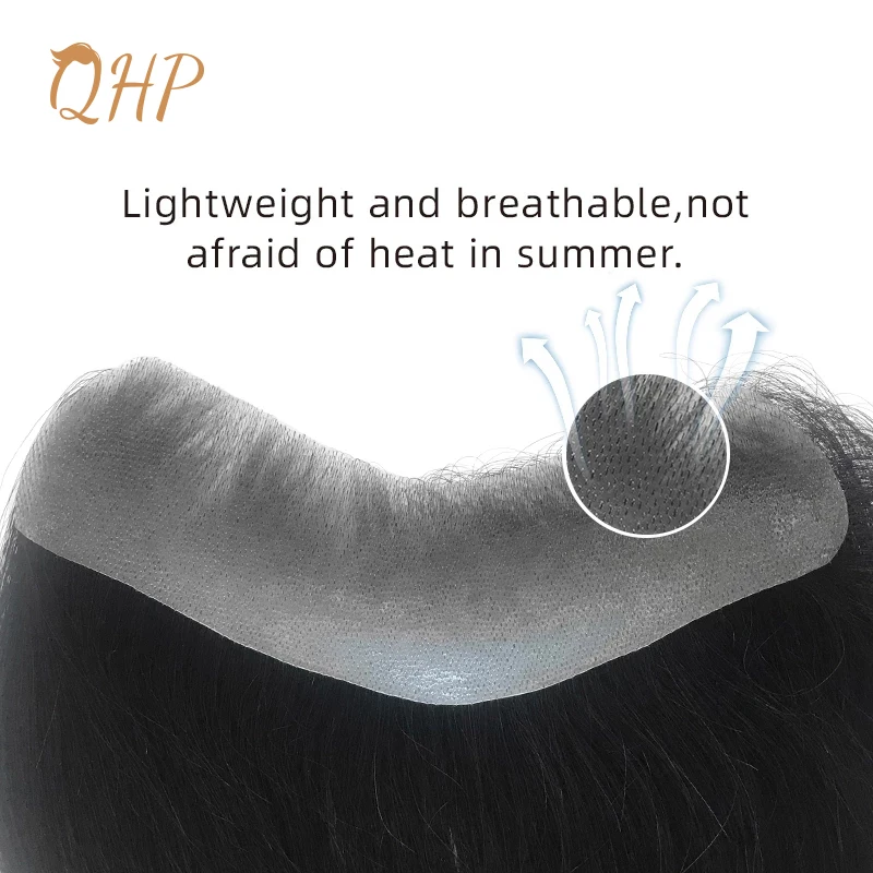 QHP Hair Toupee Men's Capillary Prosthesis Handmade Wig for Men PU Front Hairline Real Human Hair Hairpiece System 100% Density human hair toupee
