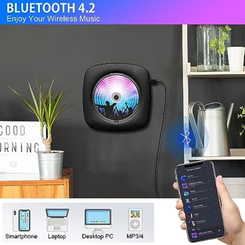 Qoosea Portable CD Player with Bluetooth Wall Mountable Walkman Disc HiFi Speakers with Dust Cover LCD Screen Display Home