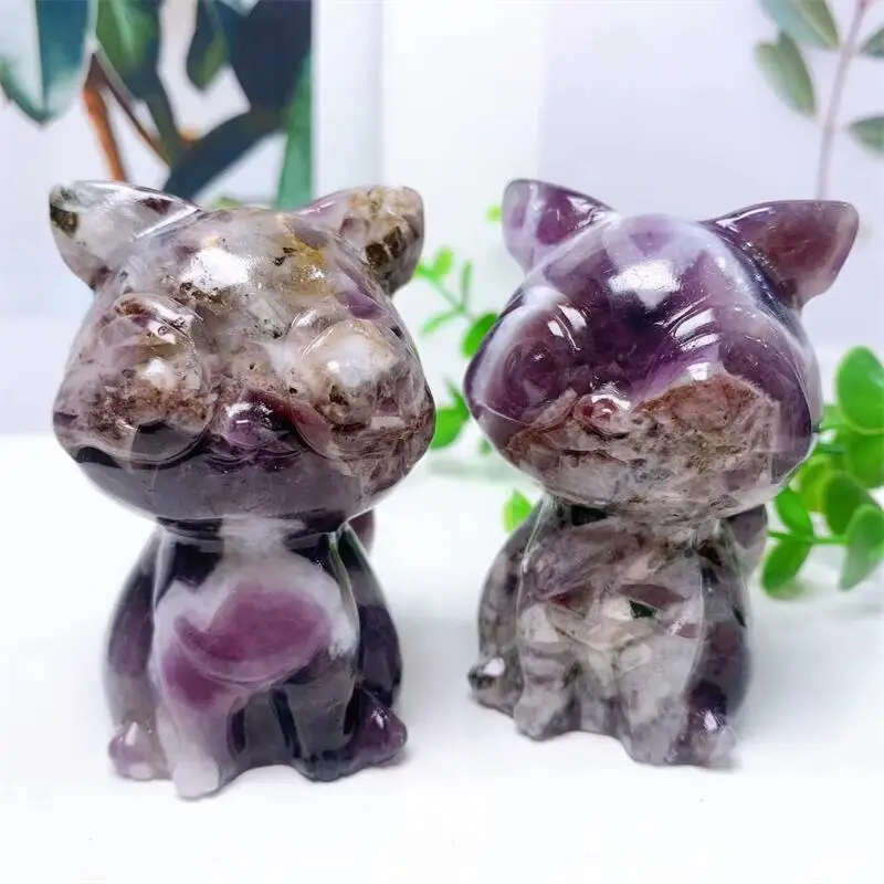 

Natural Dream Amethyst Catoon Cat Carved Animal Statue Healing Lucky Gemstone Crystal Crafts Home Decoration Accessories 1pcs