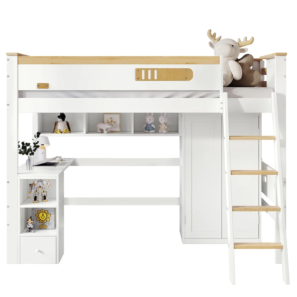 90 x 200 cm großes Etagenbett mit Tisch und Kleiderschrank, offenem Regal, viel Stauraum mit Fallschirmgitter und vierstufiger Leiter, ohne Matratze – Detail 12