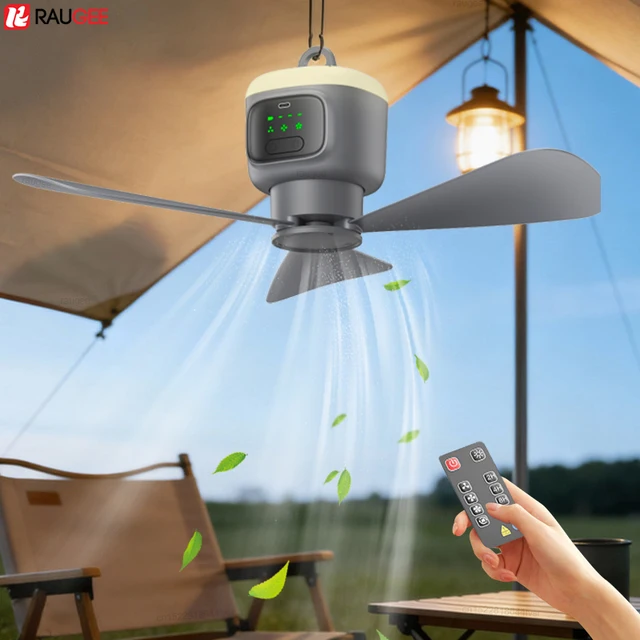 Ventilateur de plafond portable sans fil 12000 mAh pour tente de camping, rechargeable, avec éclairage et télécommande 1