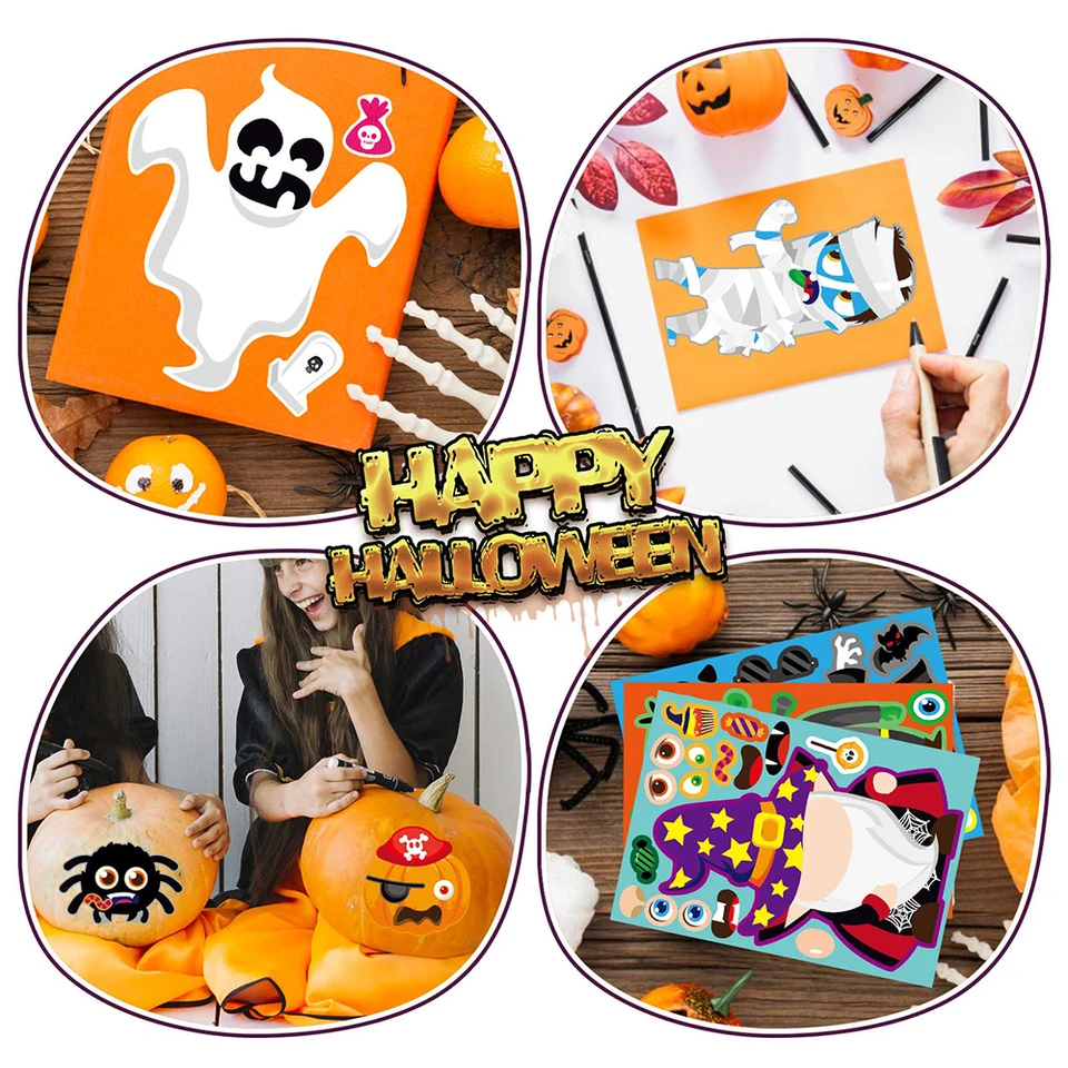 36 Fogli Di Adesivi Di Halloween Con Facce Di Zucca, Caramelle E Ragni, Per Bambini, Fai Da Te, Decorazioni E Bomboniere, Formato 21x15 Cm