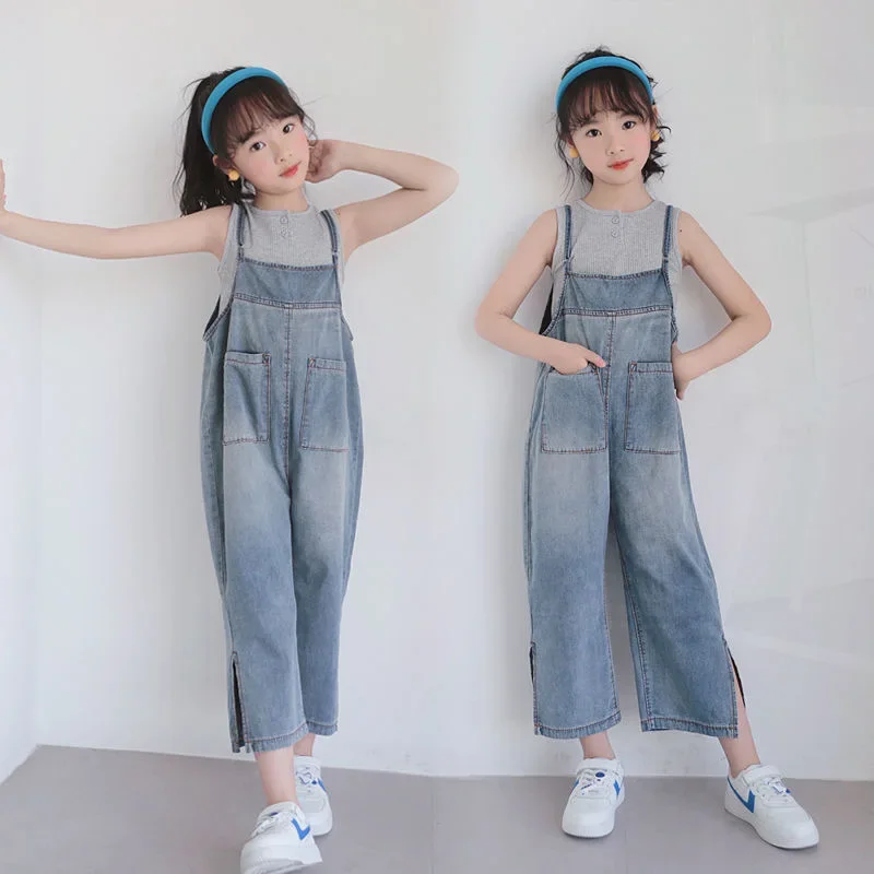

4-12 Year Teen Girls Clothing Sets Summer Suspender Pants Outfits New Fashion Korean Version Straps Denim Overalls Birthday Gift