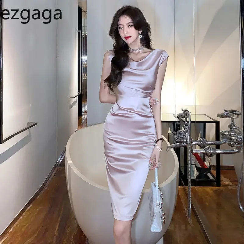Ezgaga Elegant Dresses Women Sleeveless Swinging Collar Satin Slim ...