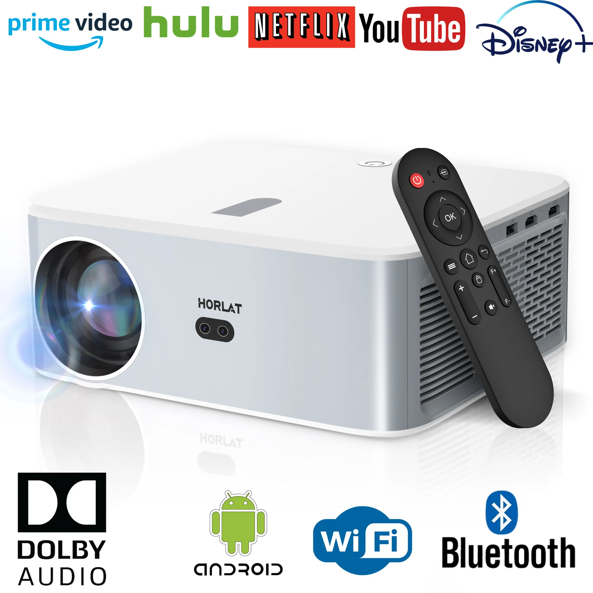 Фото Проектор HORLAT Android светодиодный 4K, 700ANSI Full HD 1080P, видеопроектор для домашнего кинотеатра, Wi-Fi, люмен, портативный проектор Dolby №1