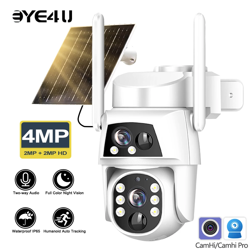 Camhi Solar WiFi Camera Dual Lens Two Screens 4MP Security Cameras Humanoid Auto Tracking Battery CCTV 4G Video Surveillance 1
