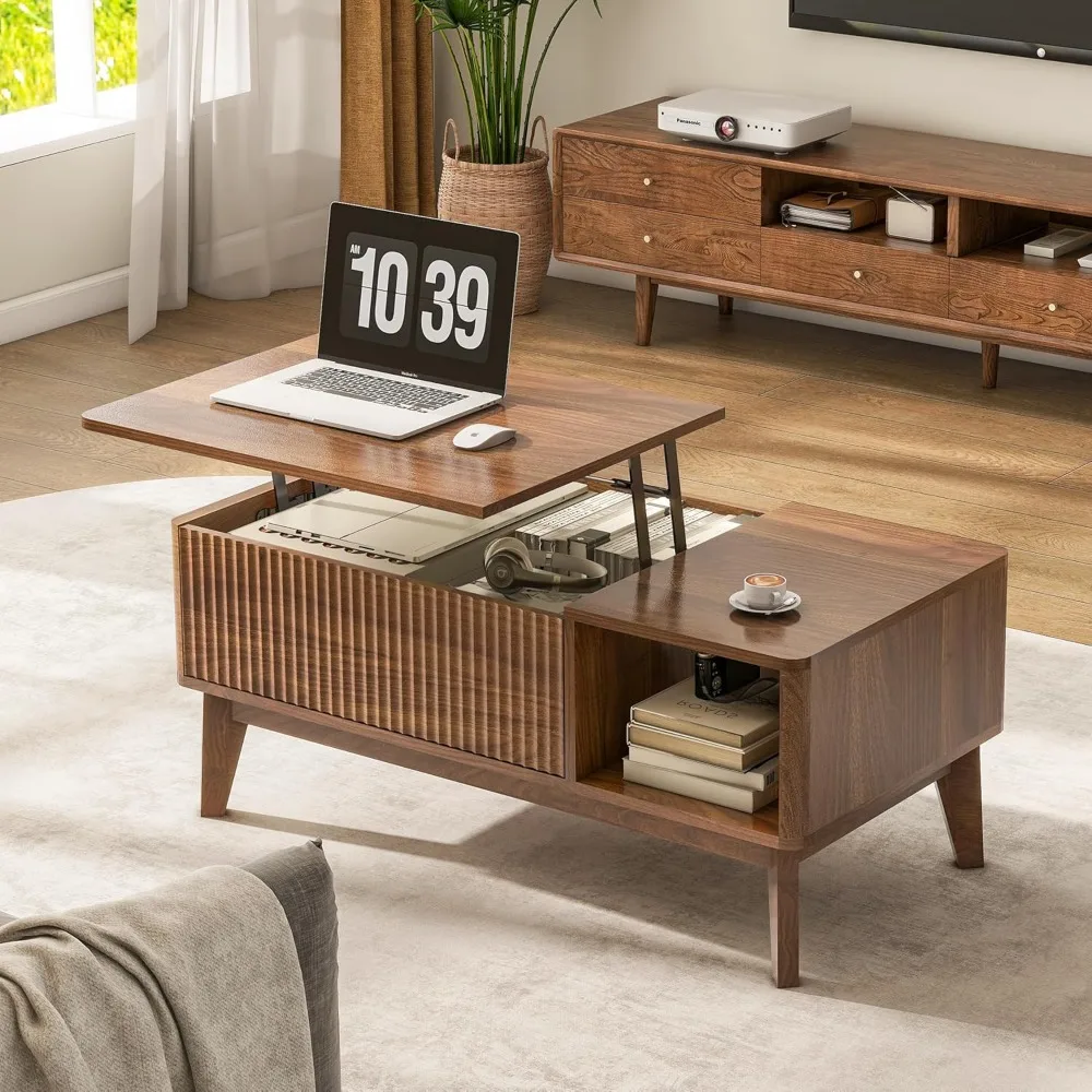 Modern Lift Top Coffee Table with Storage, Fluted Design for Living Room Home Office
