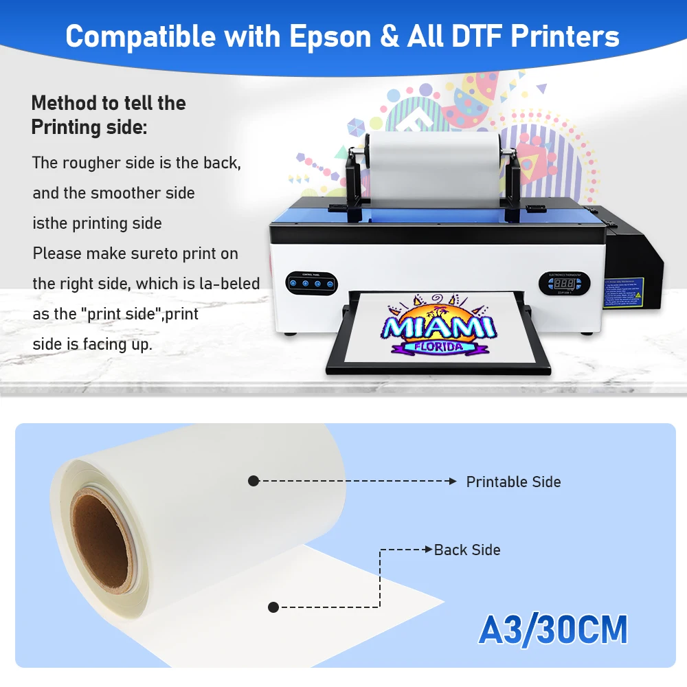 DTF Transfer Film Roll 13 Inch*328FT A3 DTF PET Film For A3 Printer 30CM*100M Roll Direct Print on T Shirts Textile