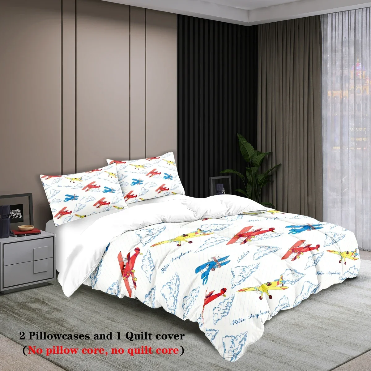 3-Piece Cartoon Airplane Pattern Print Duvet Cover Set with 2 Pillowcases Soft Comfortable Bedding No Core Included