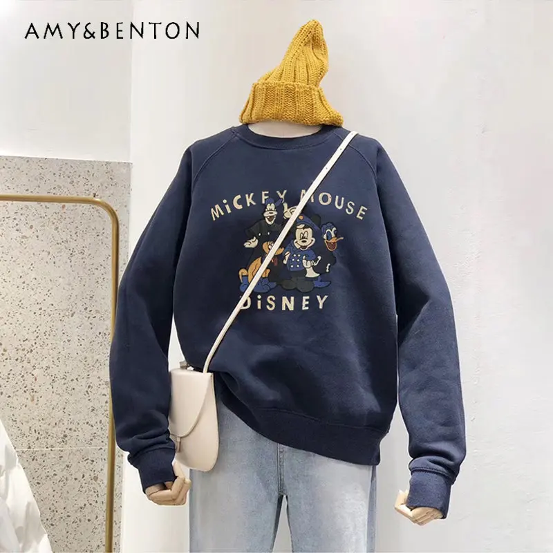 

Autumn and Winter Women's New Round Neck Cartoon Pullover Hoodie Loose Casual Fleece and Thick Top Fashion Sweater for Ladies