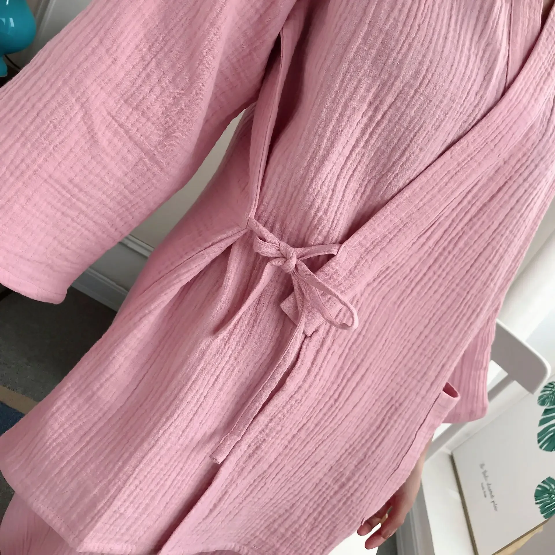 커플 솔리드 컬러 코튼 긴 소매 기모노 가운 긴 바지 2 Pcs 세트 Homewear Loungewear 여성 잠옷 의류