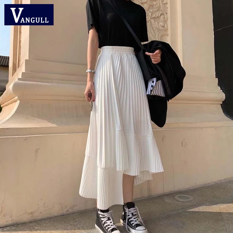 

Vangull Sweet Style White Chiffon Skirts Women Hight Waist Irregular Female Skirts Summer New Big Hem A-line Lady Pleated Skirt