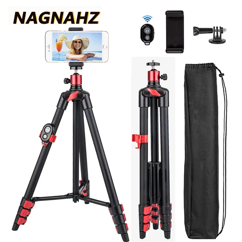 Camera Tripod 55in Travel Portable Cell Phone Tripod for iPhone HUAWEI Xiaomi Galaxy with Mobile Phone Holder Wireless Bluetooth