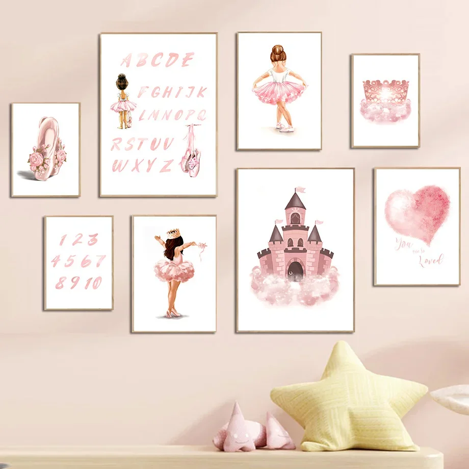 

Castle Girl Princess Ballet Crown Heart Nursery Nordic Posters And Prints Wall Art Canvas Painting Pictures Baby Kids Room Decor