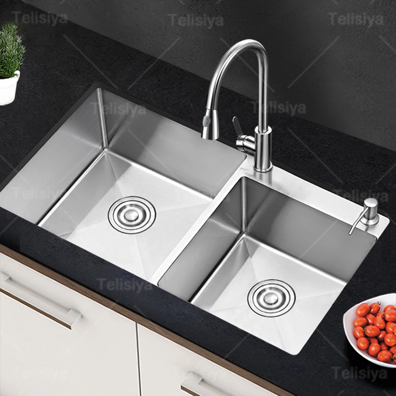 Stainless Steel Kitchen Sink Large Double Bowl Household Dish & Vegetable Wash Basin Undermount Basin