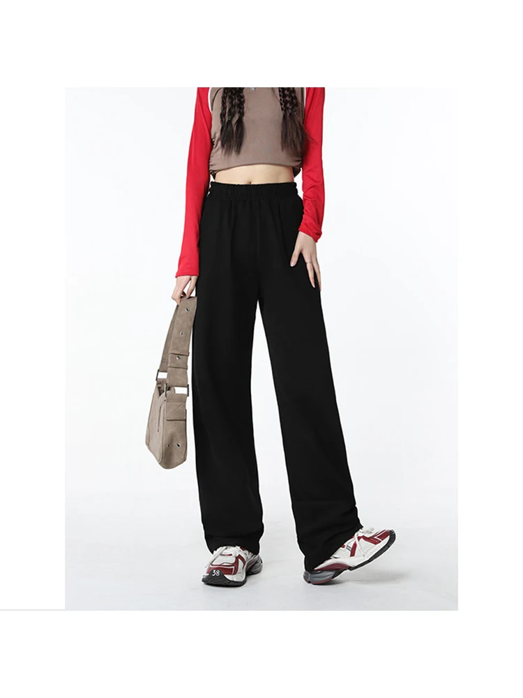 

Women Wide Leg Elastic Waist Black Color High Waist Sweatpants Spring Winter Korean Baggy Casual Streetwear Sports Joggers Pants