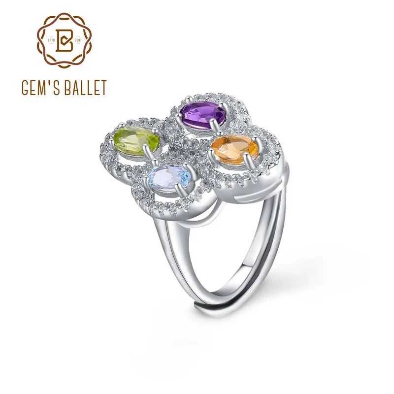 

GEM'S BALLET Clover Flower Ring Natural Amethyst Peridot Topaz Citrine Birthstone Ring in 925 Sterling Silver Gift For Her