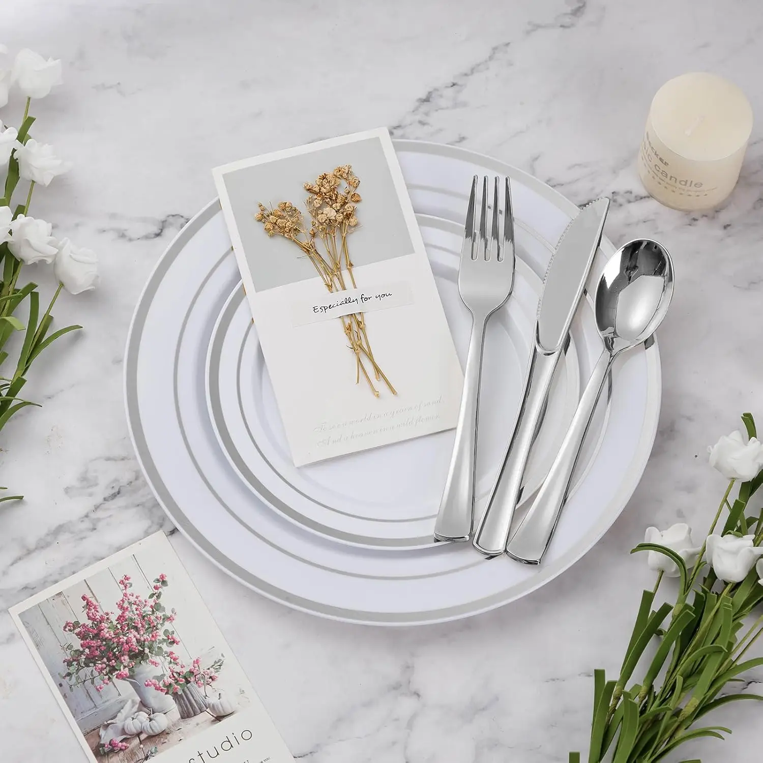 600PCS Plastic Dinnerware Set (100 Guests), Silver Disposable Plates for Party, Wedding, Includes: Dinner, Dessert, Cups, Spoons