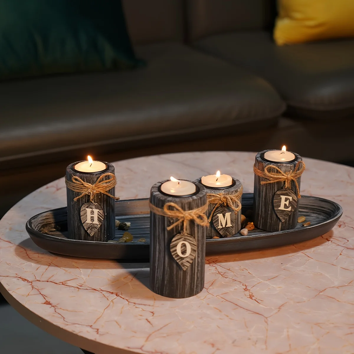 Retro Style Table Decor Candle Holder - Boho Wooden Tray with 4 Tealight Candles Holders for Tables Centerpiece Ho