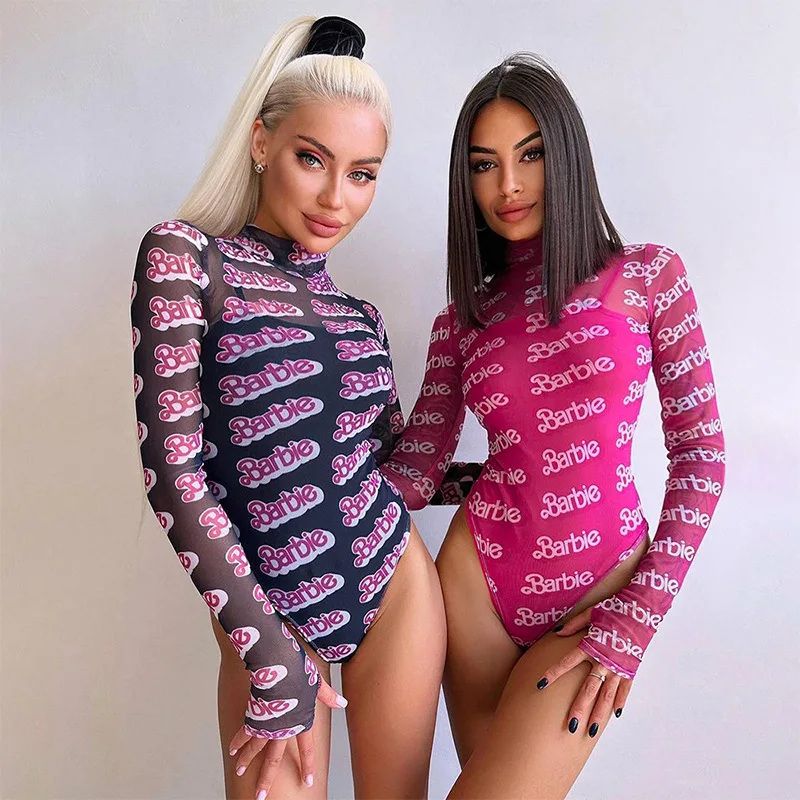 Mesh Y2K Long Sleeve Bodysuit Women Sexy Thin See Through Jumpsuit Body Clothes Letter Print Autumn Turtleneck Skinny Clubwear
