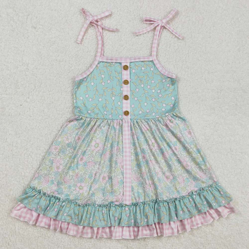 Boutique Baby Girls Dress Blue Bows Flowers Knee Length Dresses Fashion Kids Children Clothes Summer Girls Dresses New