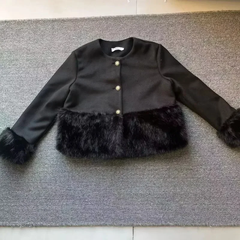 GkyocQ 2024 가을 겨울 두 조각 세트 여성 블랙 모피 스플 라이스 트위드 짧은 재킷 미니 스커트 정장 여성 스커트 세트