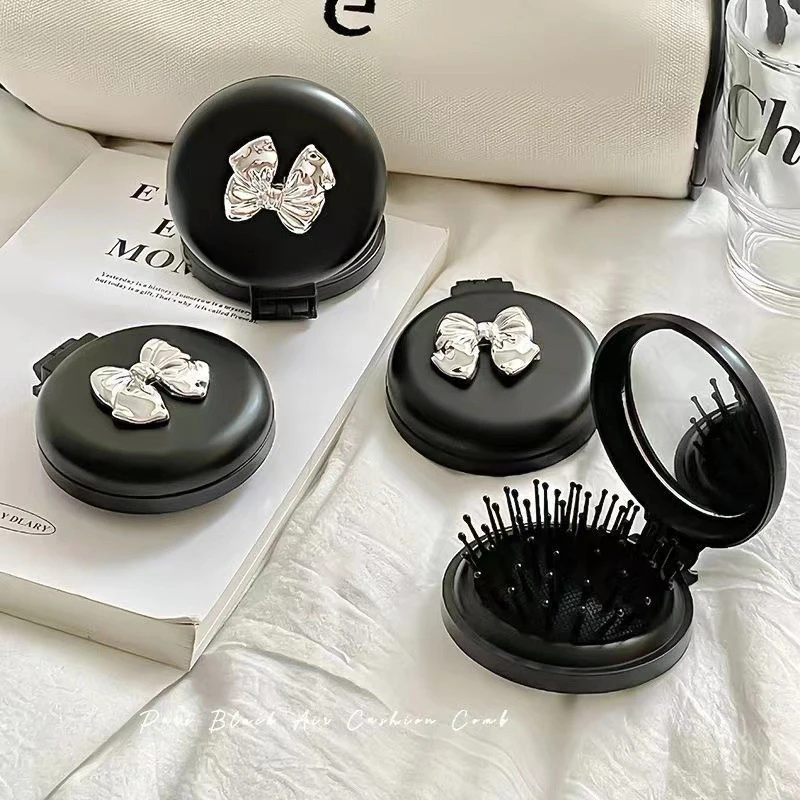 Cute Folding Massage Comb With Makeup Mirror Travel Portable Plastic Airbag Small Comb Hair Brush Bow Tie Air Cushion
