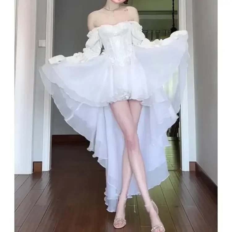 Elegant White Off Shoulder Fairy Dress Chic Princess Puff Dress Mesh Puff  Large Hemline Long Dress Girl Birthday Party Dresses - AliExpress 200000532