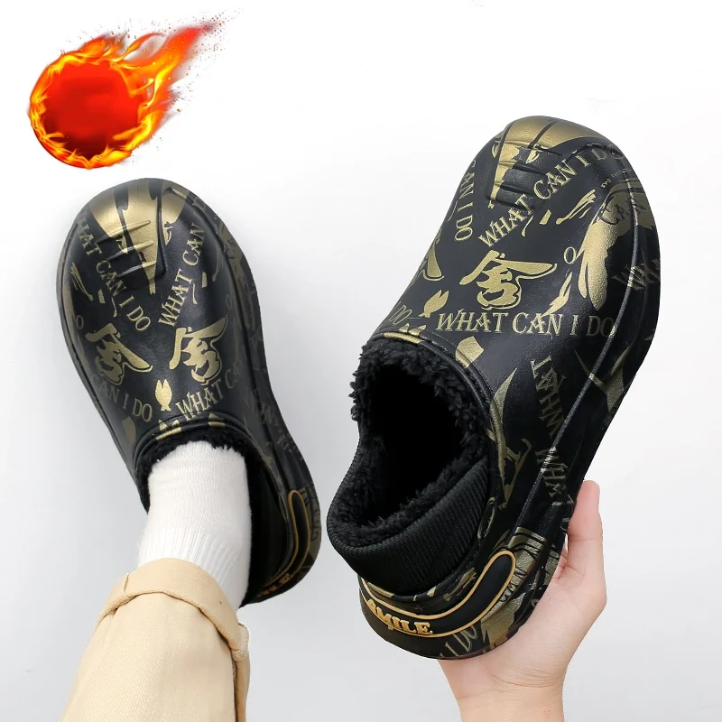 Men's and Women's Autumn and Winter Fleece-Lined Thickened Cotton Shoes, Lazy Home Warm Slippers, Large Size Waterproof and Non-Slip Cotton Slippers for Outdoor Wear