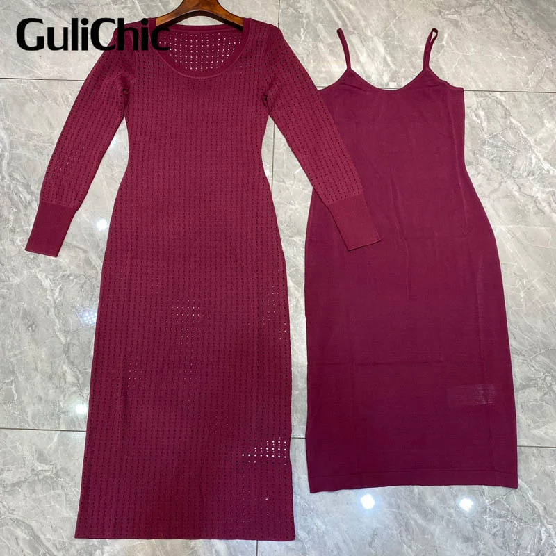 

11.9 GuliChic Women Elegant Fashion Knitted Dress O-Neck Long Sleeve Hollow Out Skinny Dresses With Strap Lining
