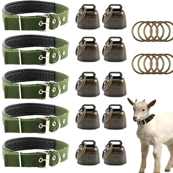 3 Pack Goat Collar with Bell Grazing Copper Bells and Adjustable Nylon Collar Set for Small Farm Animal Sheep Cow Pet Goat green
