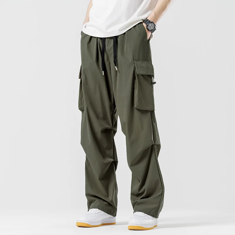 2024 New Spring/Summer Men's Solid Color Drawstring Pocket Elastic Waist Sports Unisex Outdoor Straight Leg Casual Cargo Pants