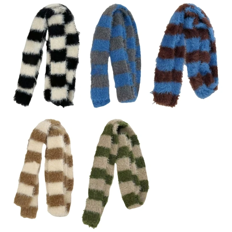 Crochet Plush Scarf for Female Teens Girl 2000s Long Stripe Scarf Spring Autumn Knitted Skinny Scarf Harajuku Neck Scarves 2