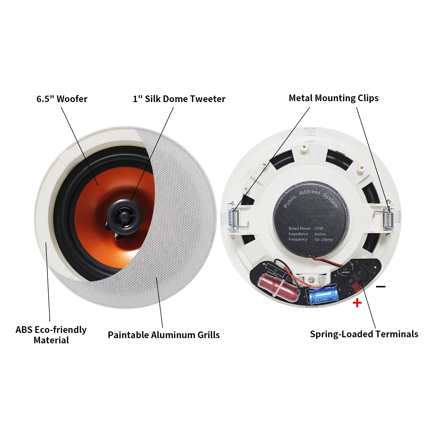 2PCS 6.5'' 천장 블루투스 스피커 300W 2웨이 플러시 마운트 스피커 시스템(실내 욕실용 앰프 수신기 포함)