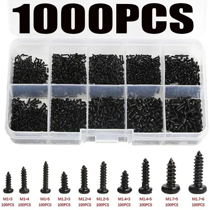 1000pcs 셀프 태핑 나사 PA M1 M2 M1.4 M1.7 소형 필립스 팬 헤드 노트북 나사 컴퓨터 나사 검정색