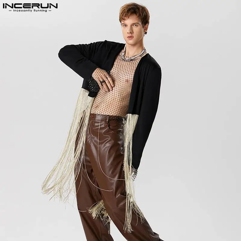 

Топы INCERUN 2023, модный новый мужской укороченный лоскутный блейзер в американском стиле с бахромой, повседневный мужской костюм с длинными рукавами, куртки