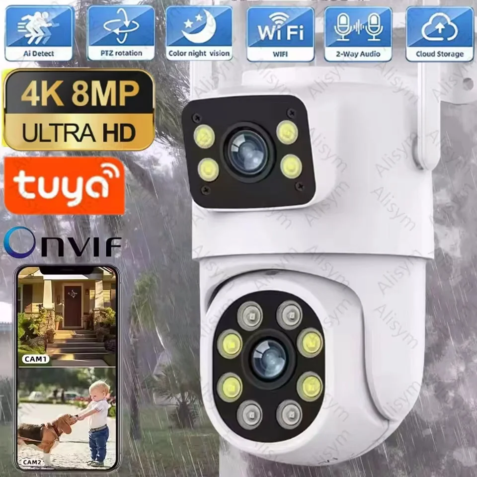 4K 8MP Tuya Dual Lens WIFI Camera PTZ Outdoor Dual Screen Ai Human Auto Tracking Security Camera Surveillance with 1