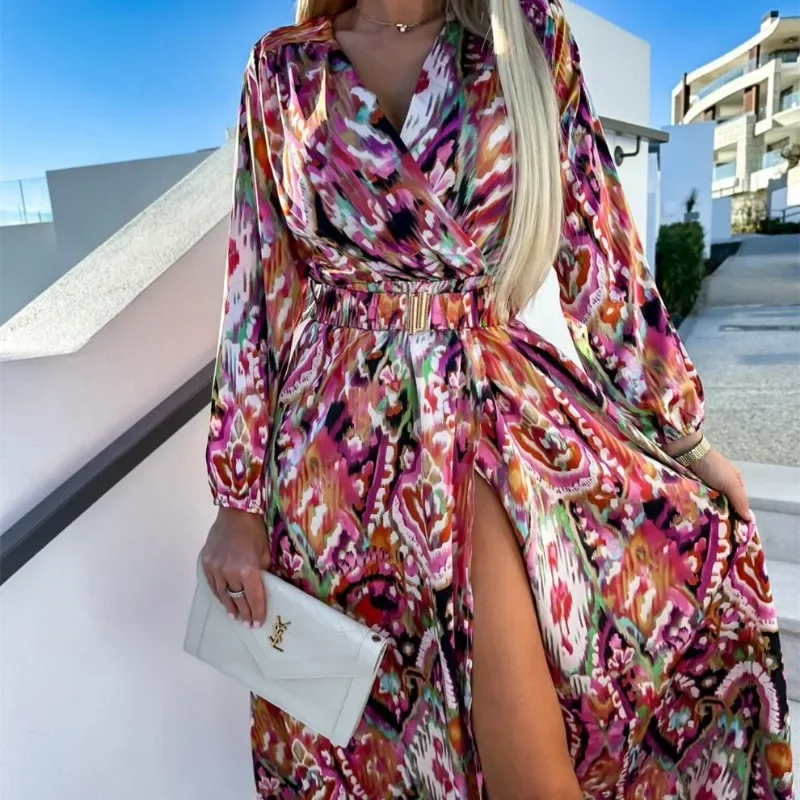 

High Waist Big Swing Maxi Dresses Wepbel V-neck Split Dress Women Long Sleeve Floral Printed Slim Fits Long Casual Bohe Dress