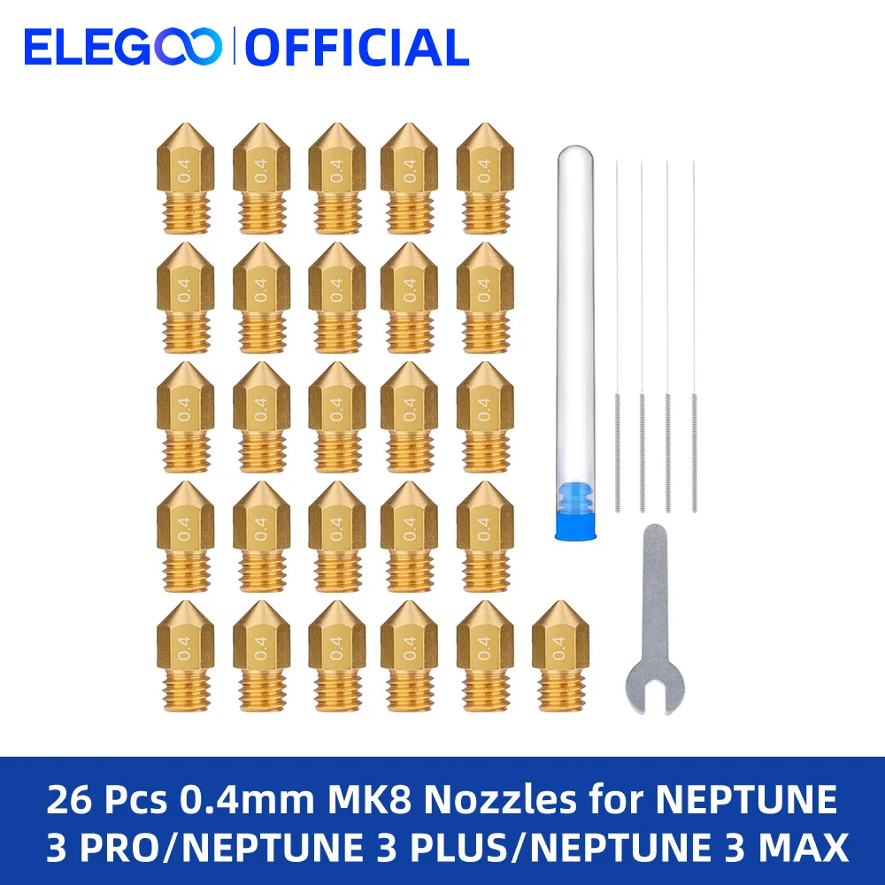 ELEGOO 26 PCS Bicos MK8 de 0,4 mm, Bicos Hotend de latão para impressora 3D com agulhas e ferramentas DIY para Neptuno 3/3 PRO/3 Plus/3 MAX