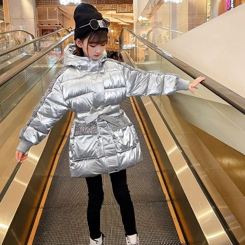 

2023 Korean Winter Girls Down Cotton Coat Knitwear Tippet Warm Long Outerwear Coat 5-14 Years Kids Teenager Jacket Windbraker