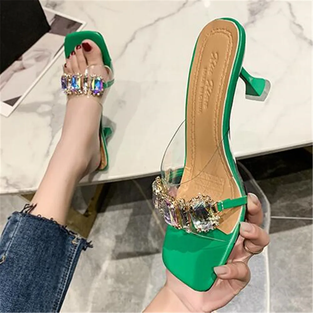 

Transparent Women Slippers New Rhinestone Square Toe Ladies High Heel Sandals Summer Slides Fashion Female Footwear White Green