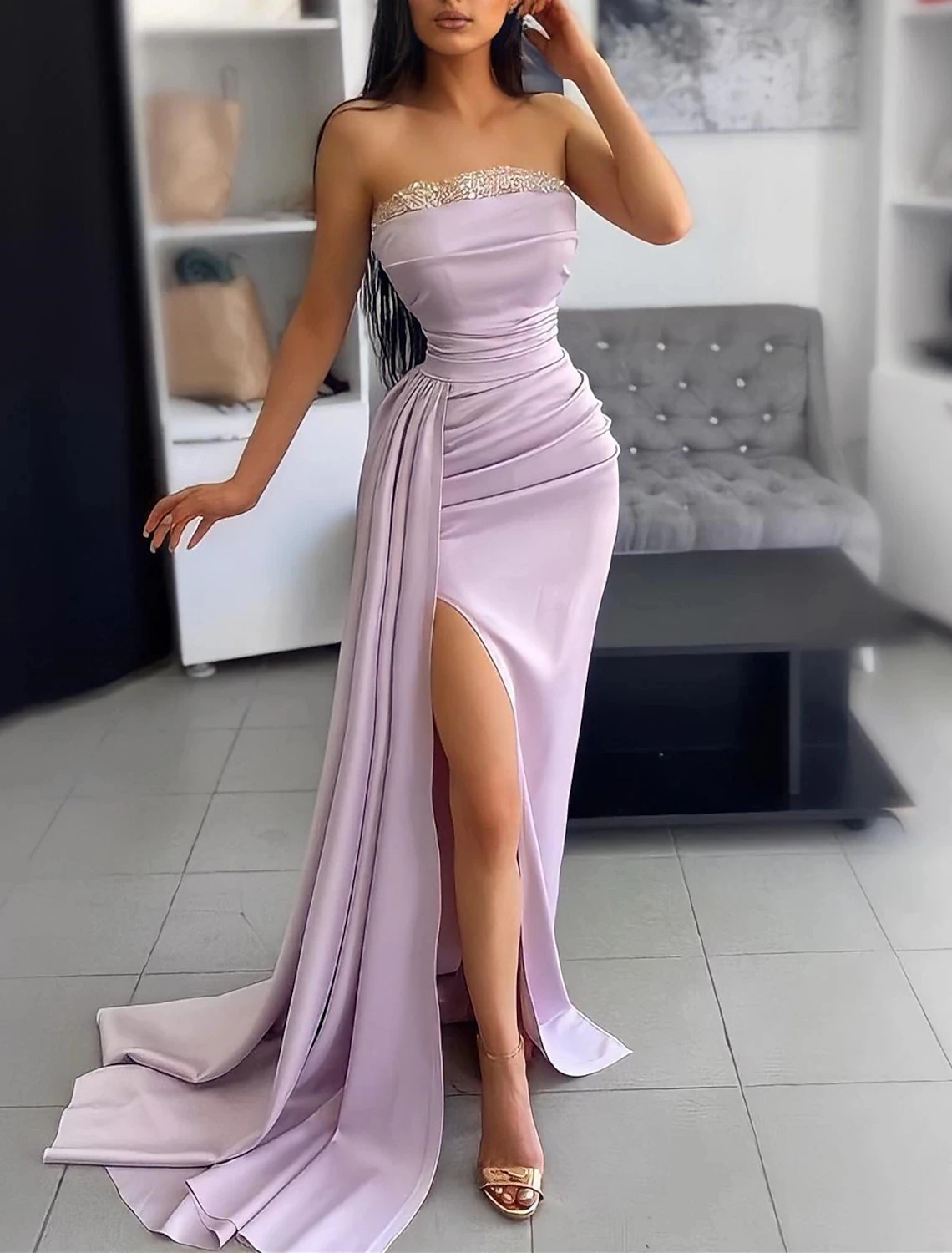 

Sexy Lavender Evening Formal Dresses Strapless Slit Satin Ruched Prom Party Gowns New Robe De Soiree Vestidos Feast
